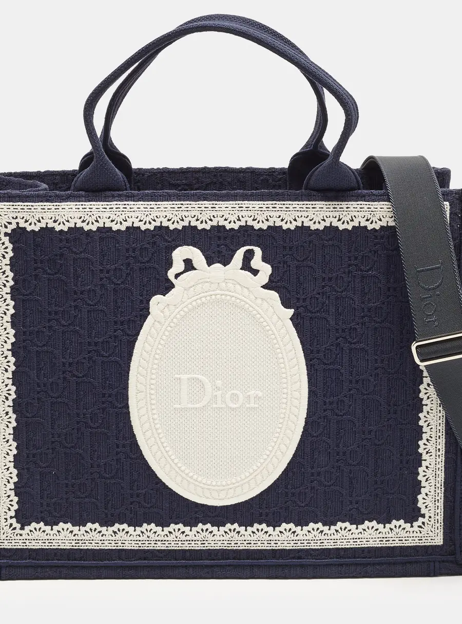 Dior Book Medium Blue/White Oblique Embroidered Canvas Tote