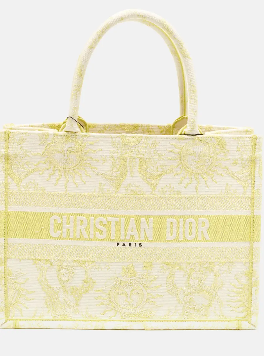 Dior De Jouy Soleil Embroidered Book Medium Lime/White Canvas Tote