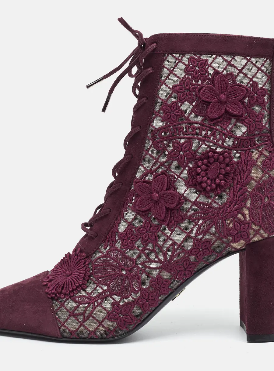 Dior Naughtily-D Size 38 Burgundy Embroidered Suede Ankle Boots