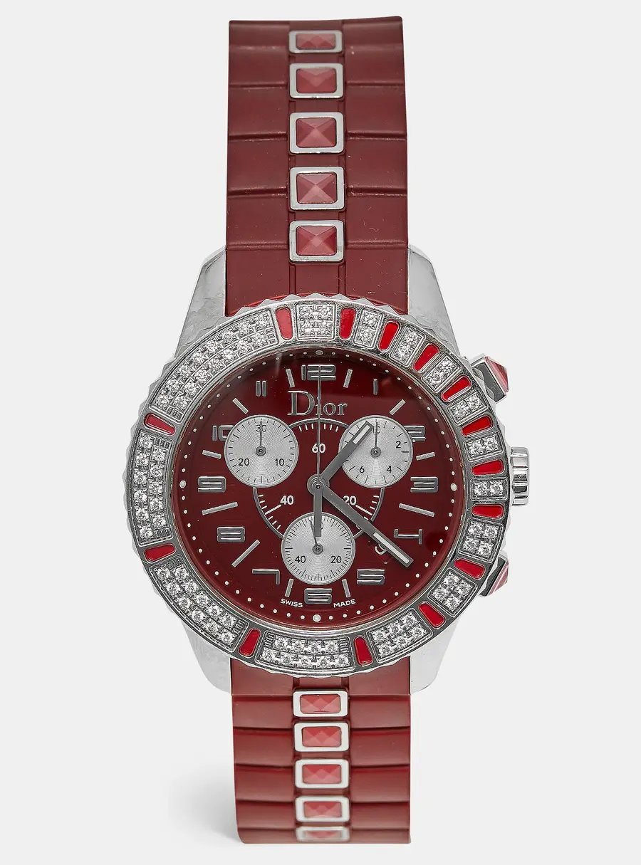 Dior Christal CD11431BR001 Red Dial Stainless Steel Rubber Diamond Women's Wristwatch 38 mm
