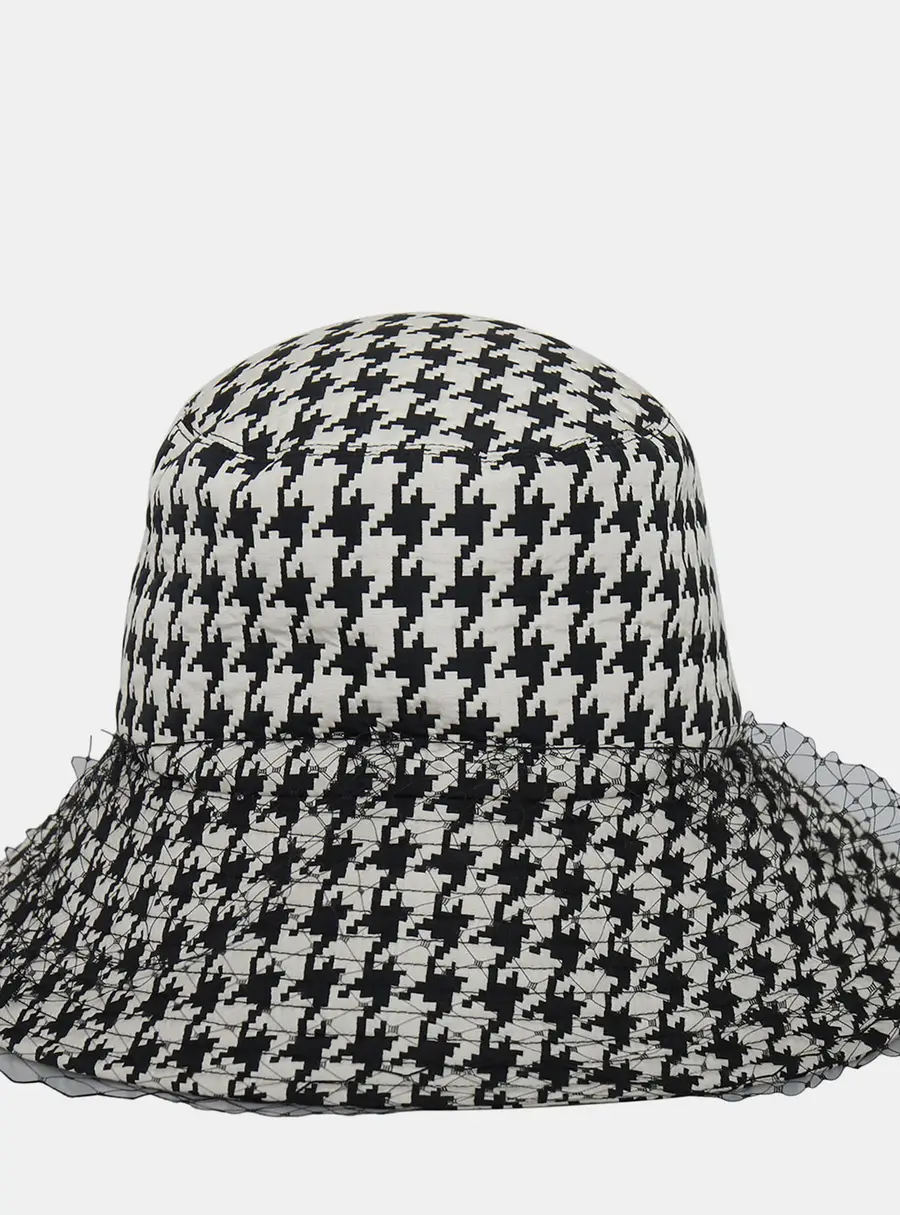 Christian Dior Teddy D Black White Houndstooth Polyester Veil Bucket Hat