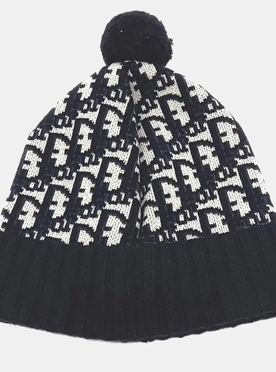 Christian Dior Oblique Navy Blue/White Cashmere Beanie