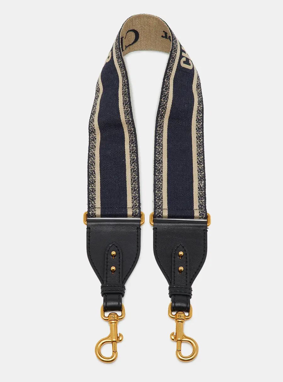 Dior Navy Blue/Black Embroidered Canvas and Leather Bag Shoulder Strap