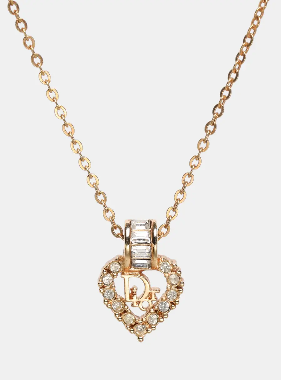 Dior Gold Tone Rhinestone Logo Heart Pendant Necklace