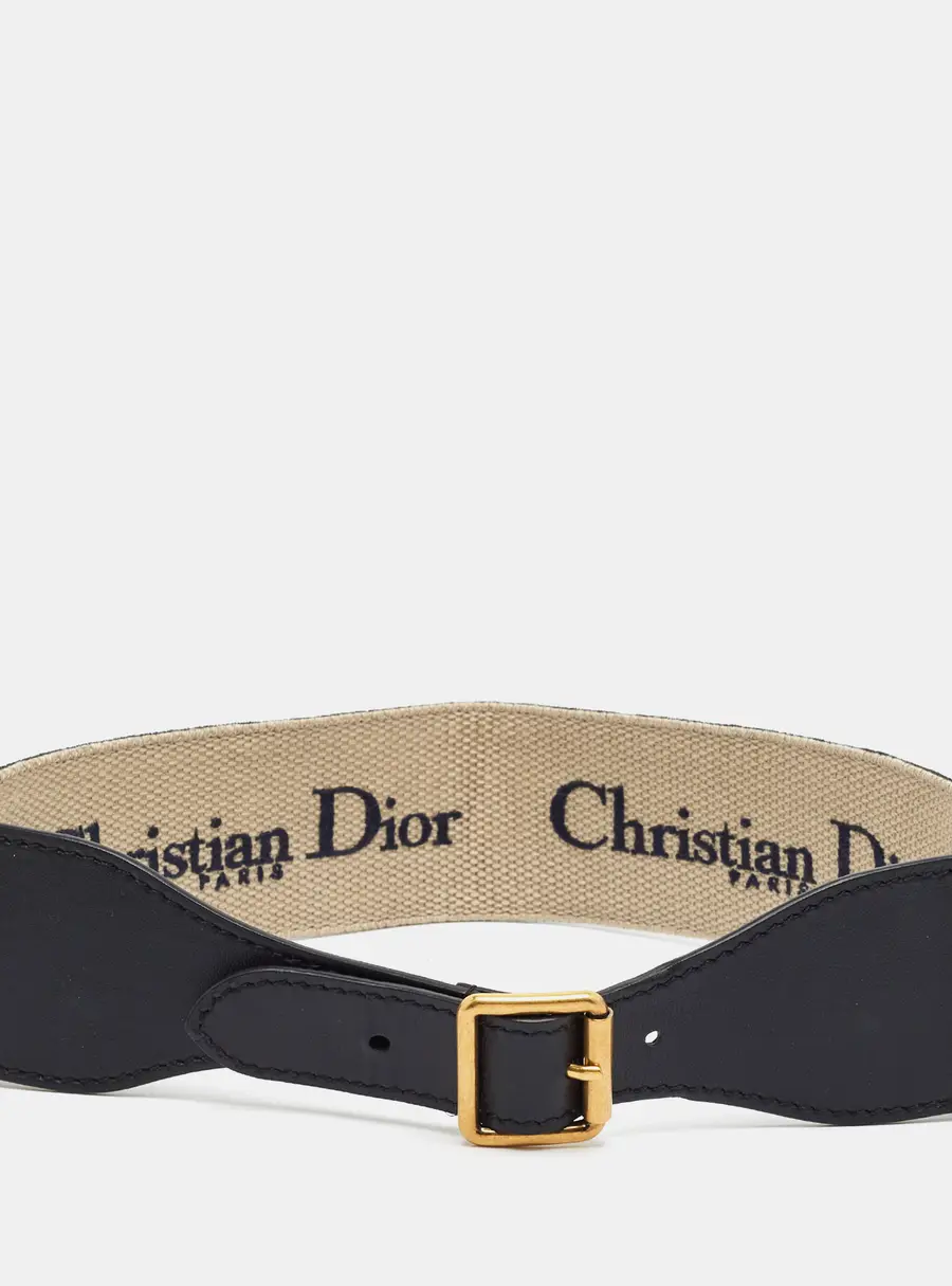 Dior 75CM Wide Buckle Belt Navy Blue/Black Embroidered Canvas and Leather