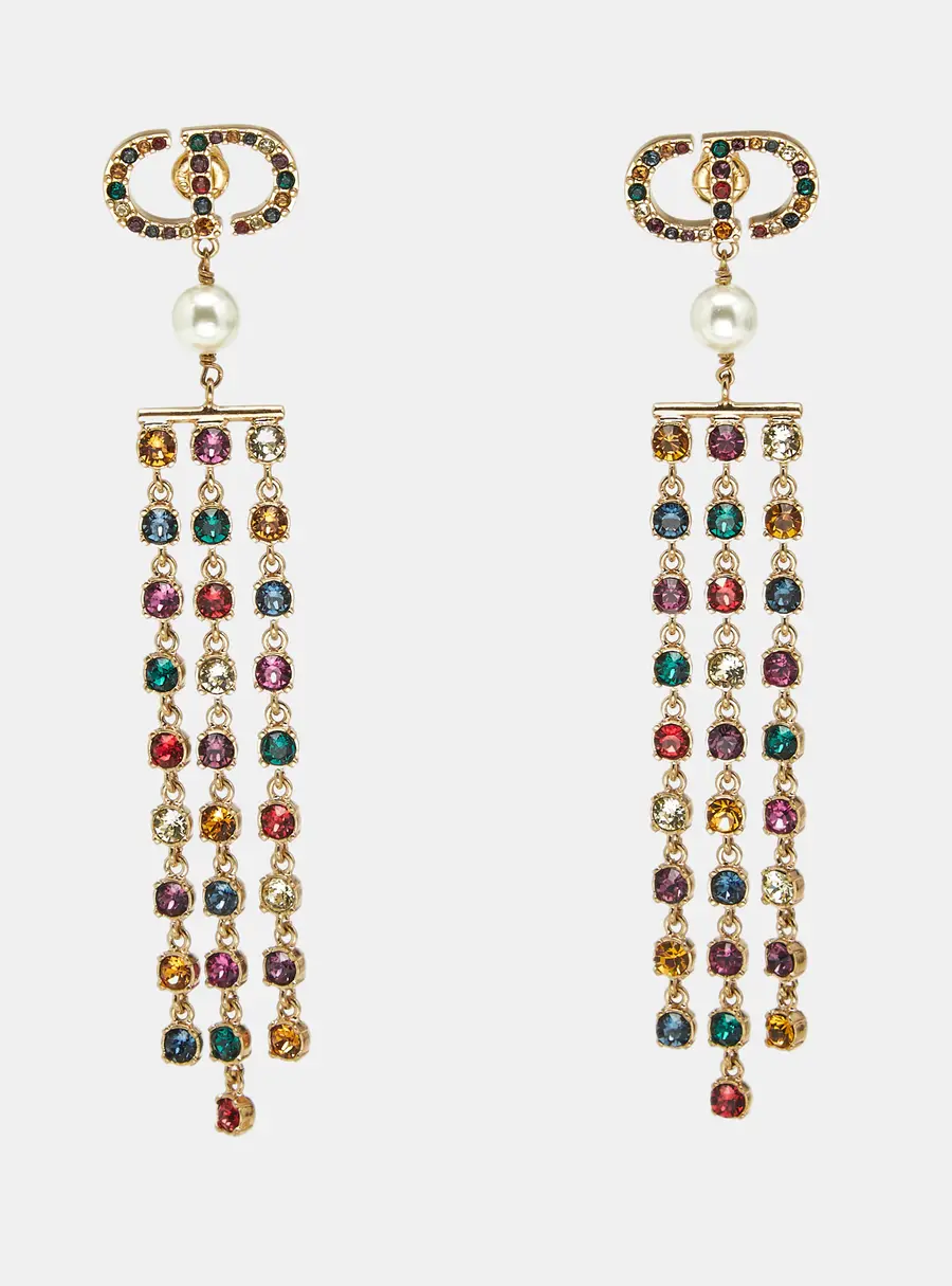 Dior CD Multicolor Crystal Faux Pearl Gold Tone Fringe Drop Earrings