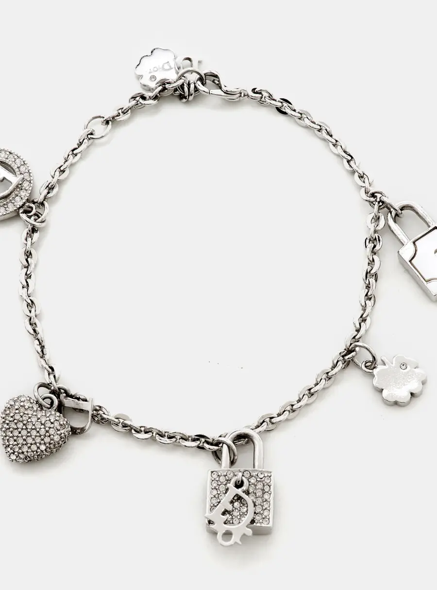 DiorPadlocks & Heart Charms  Crystal  Silver Tone Bracelet