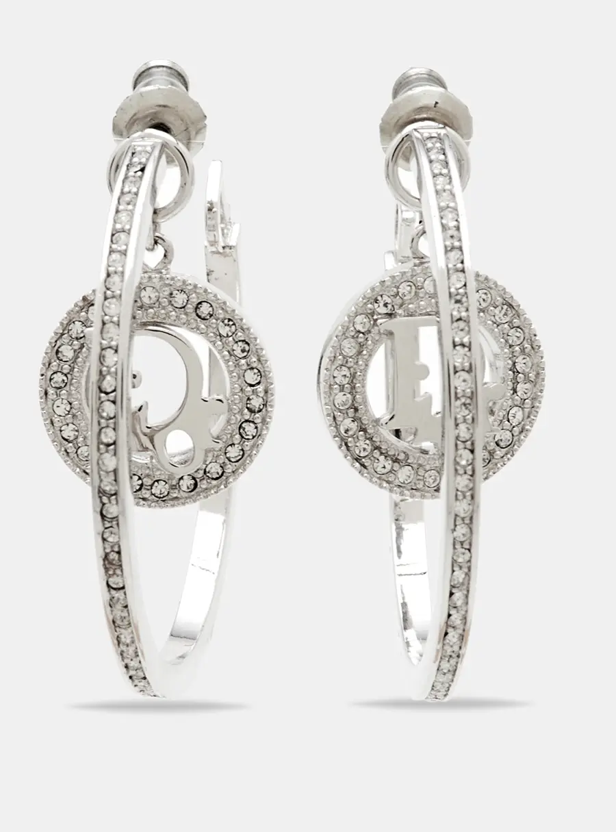 Christian Dior Oblique Crystals Silver Tone Earrings
