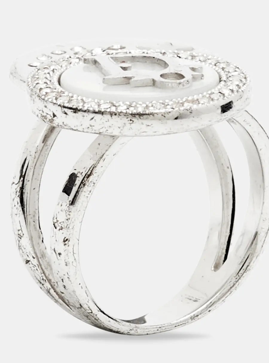 Dior Oblique Logo Mother of Pearl Crystal Star Silver Tone Ring Size 52