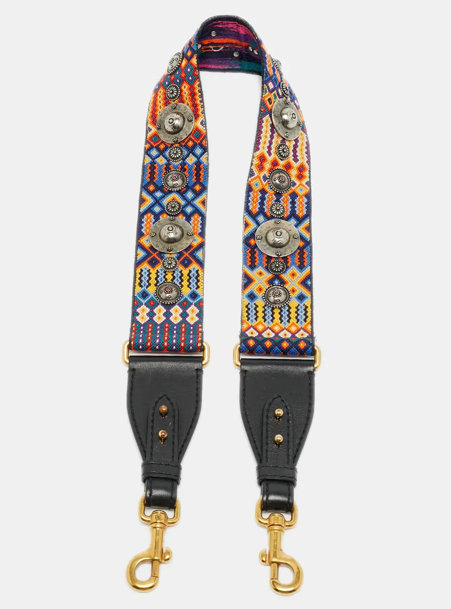 Dior Studded Bag Shoulder Strap Multicolor Embroidered Canvas