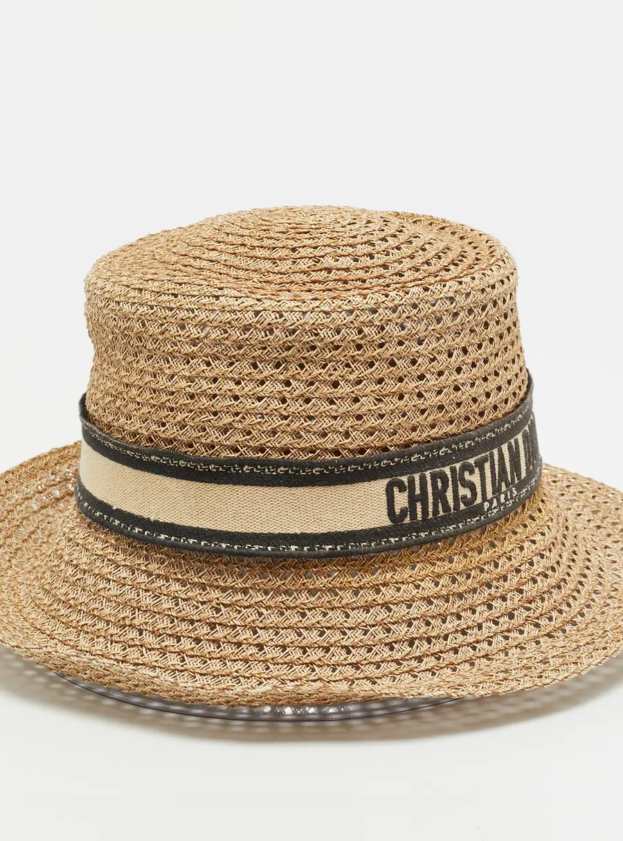 Christian Dior Beige Paper Straw D-Bobby Large Brim Hat Size 57