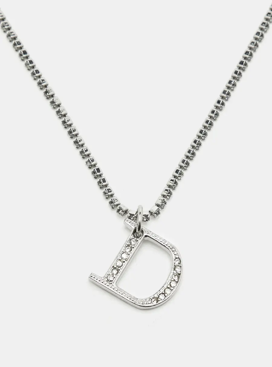 Dior Vintage Galliano Era D Logo Crystal Silver Tone Pendant Necklace