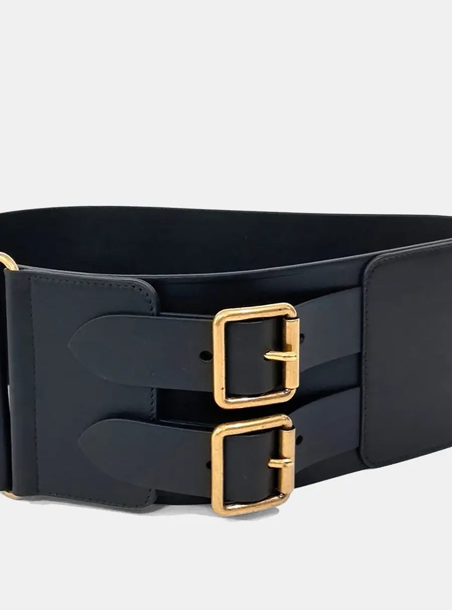 Dior Black Leather Double Buckle Waist Belt