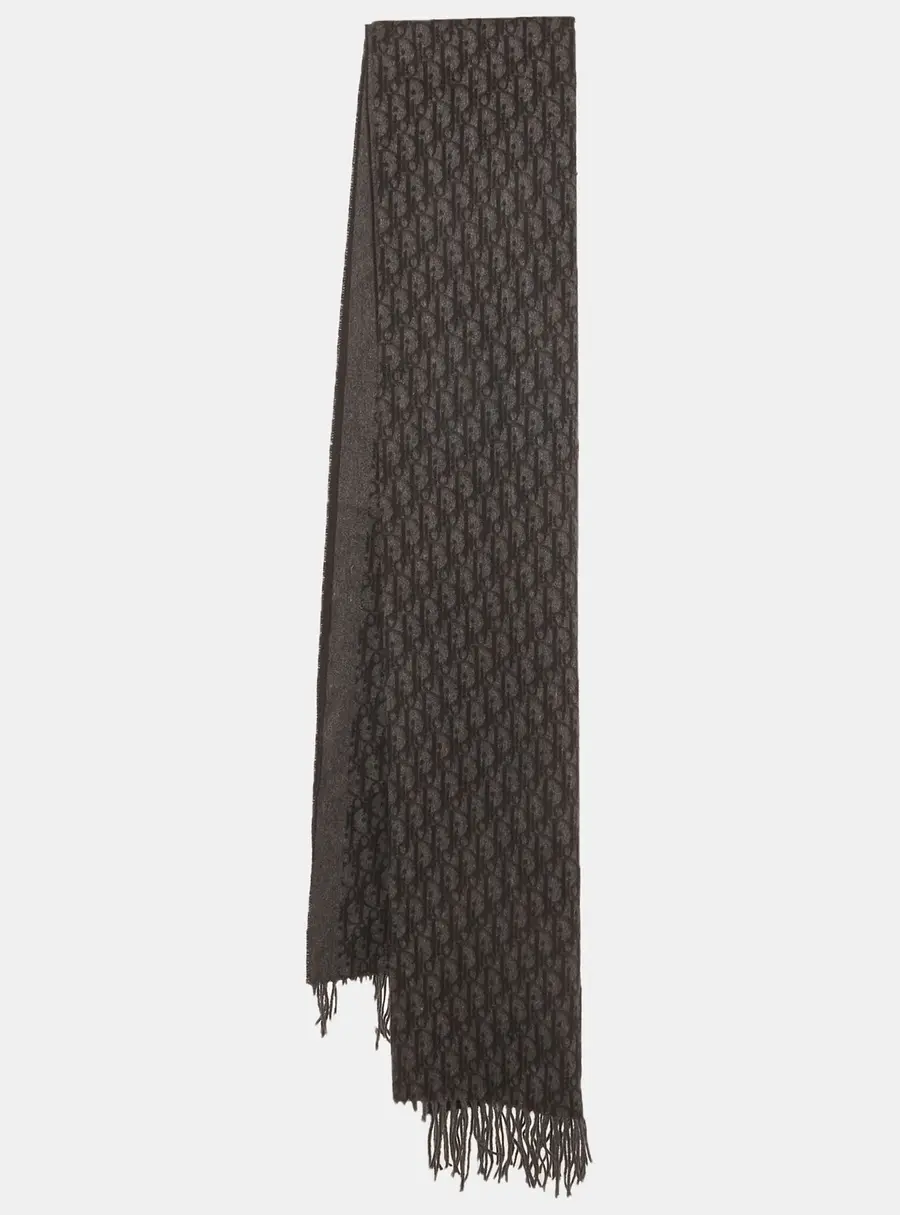 Christian Dior Grey Oblique Silk Tasseled Scarf
