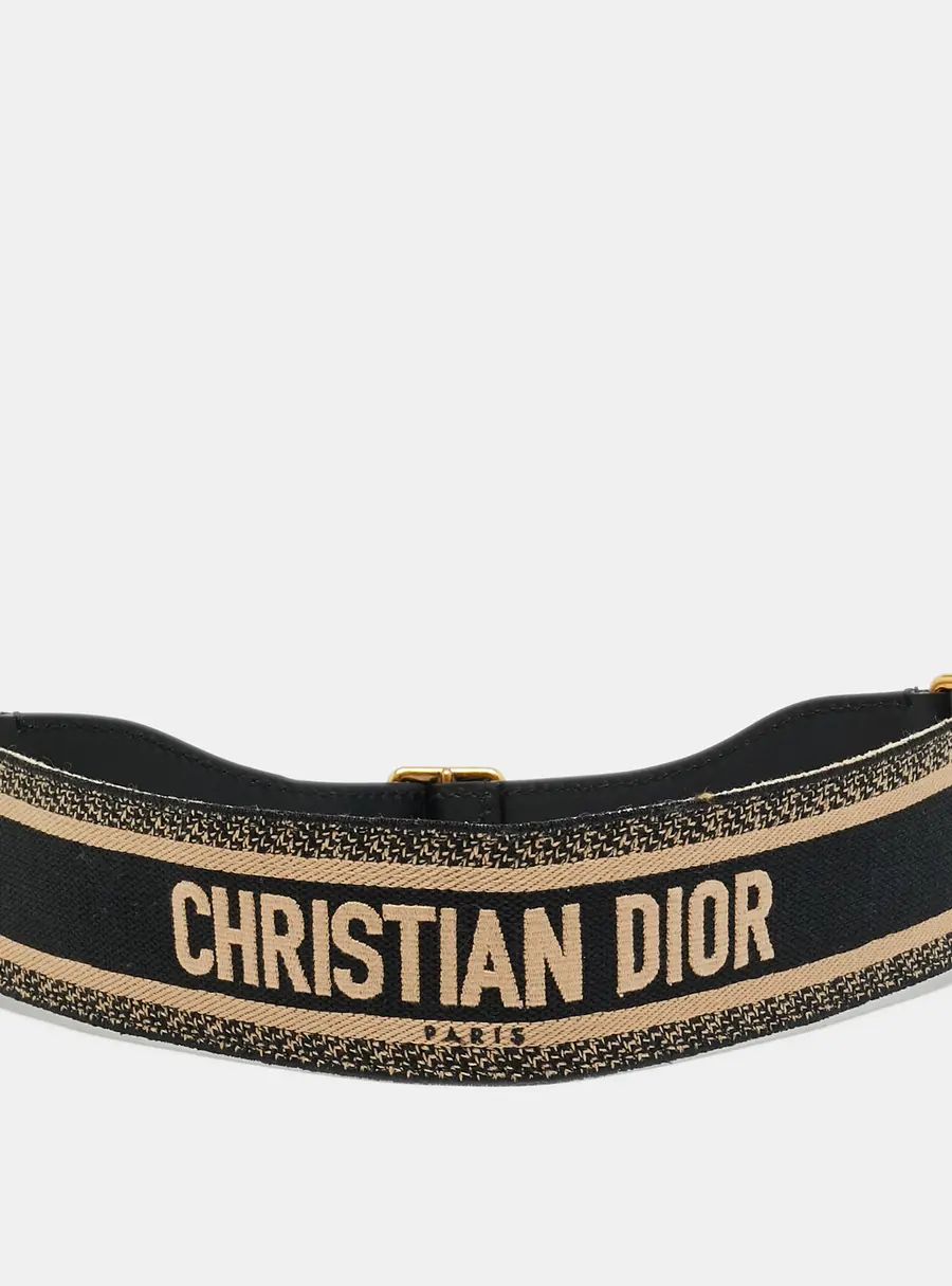 Dior 75 CM Waist Belt Beige/Black Embroidered Canvas and Leather