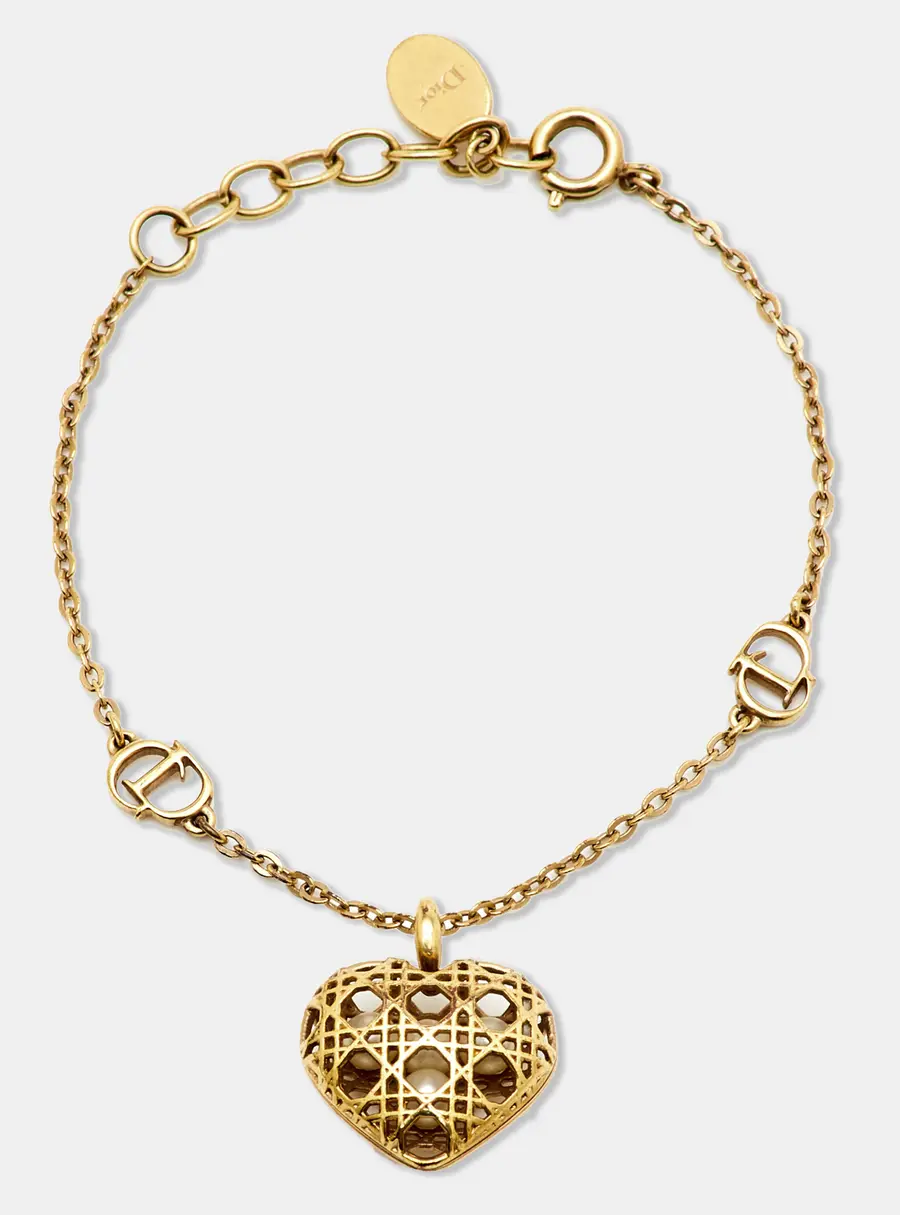 Dior Secret Cannage Heart Charm Faux Pearls Gold Tone Bracelet