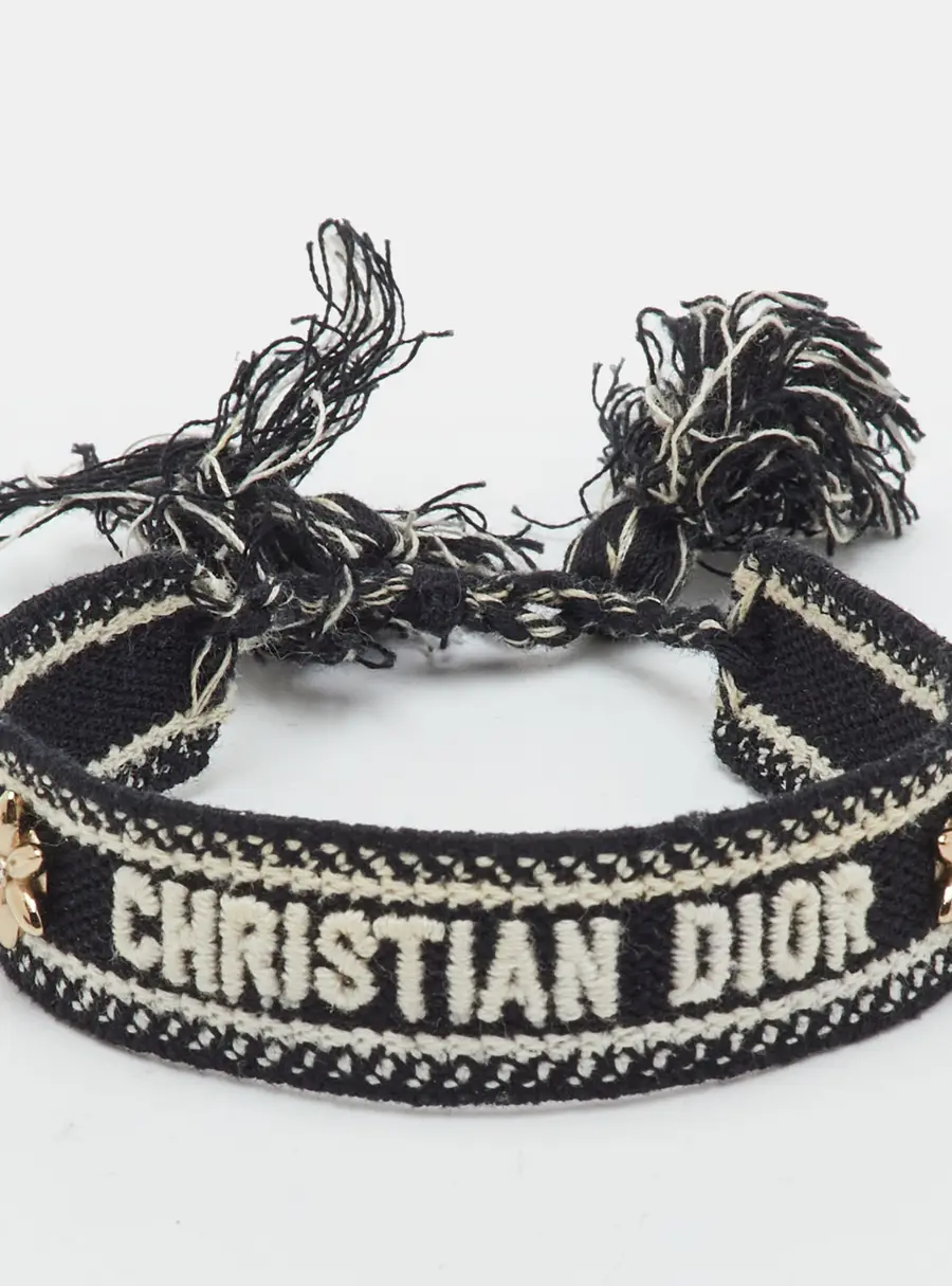 Christian Dior Black Floral Motif Embroidered Woven Tassel Bracelet