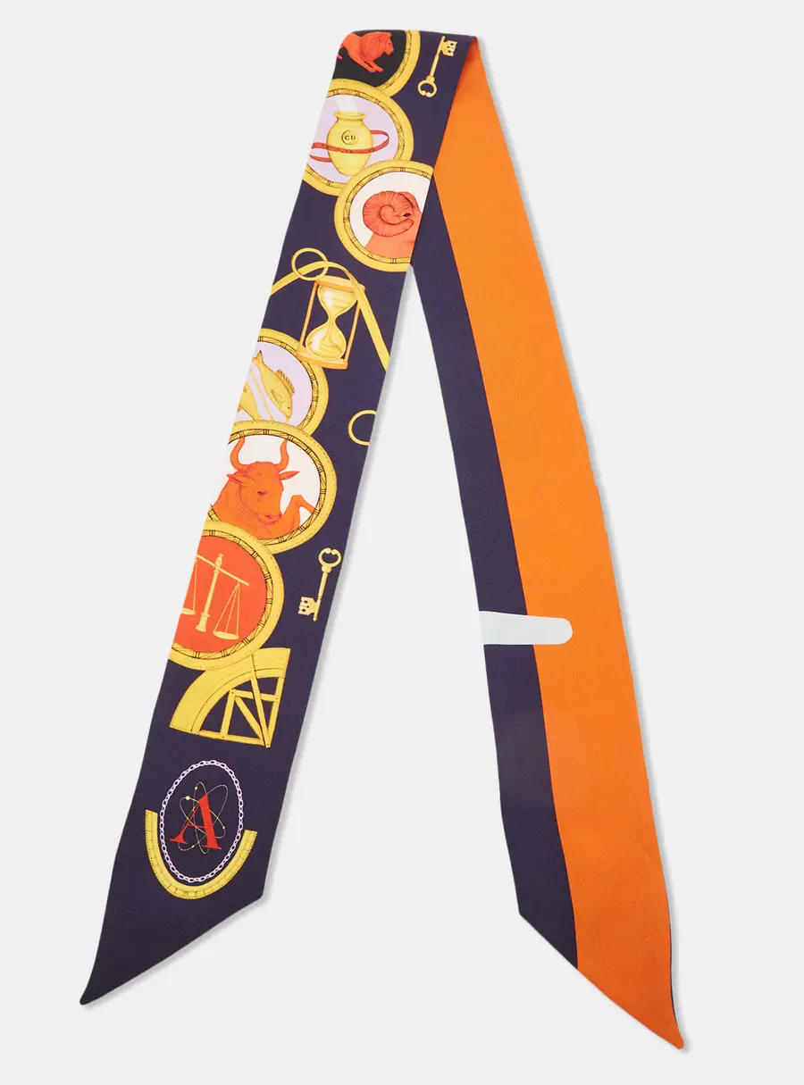 Christian Dior Navy Blue/Orange Astrologie Print Silk Mitzah Scarf