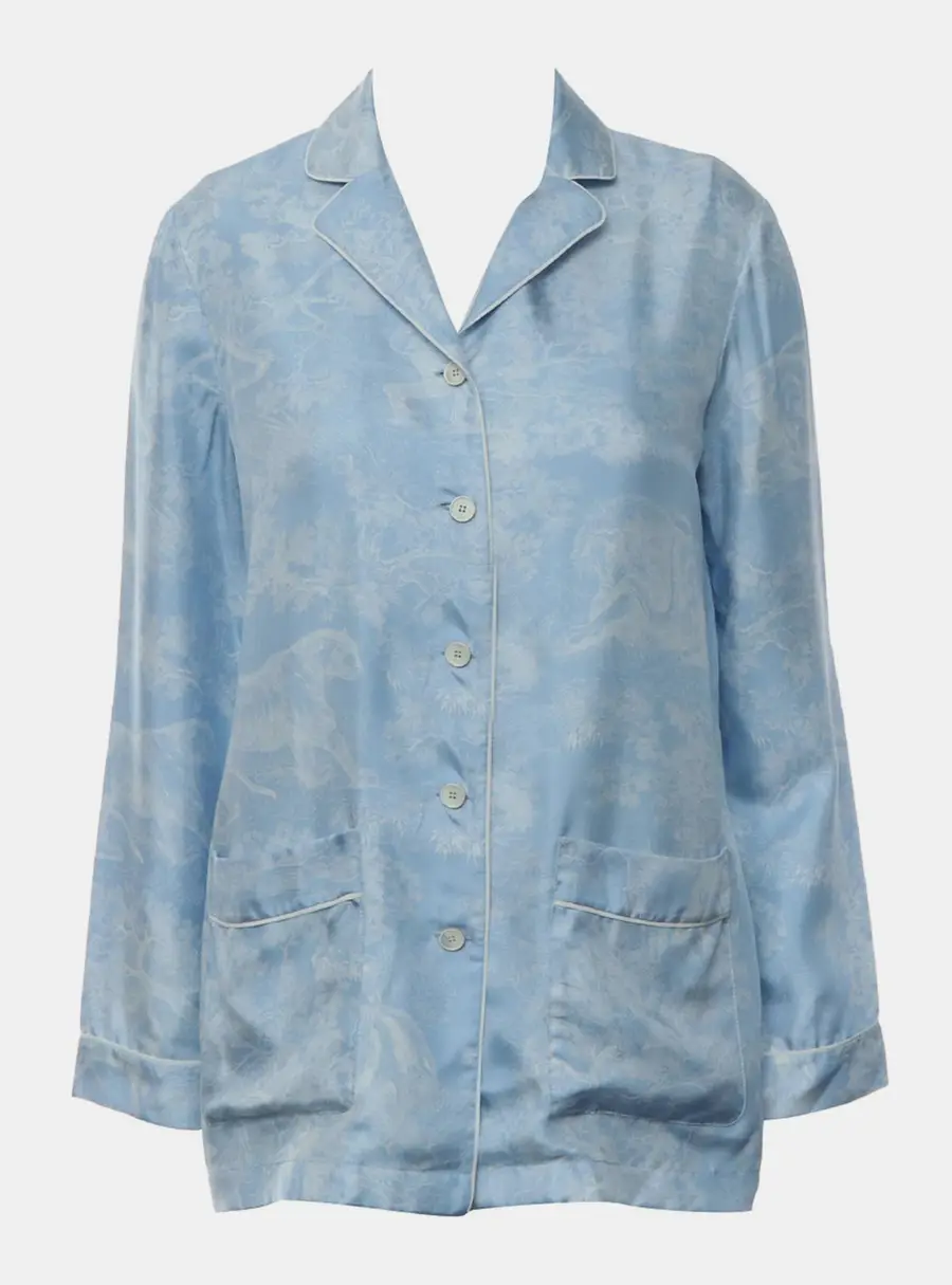 Christian Dior Chez Moi C&eacute;leste Blue Toile de Jouy Palms Silk Twill Women's Pajama Shirt S