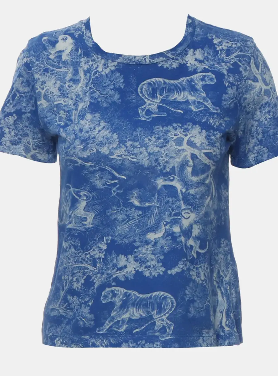 Dior Dioriviera Riviera Toile de Jouy Blue Cotton Linen Women Short Sleeve T -Shirt Size S