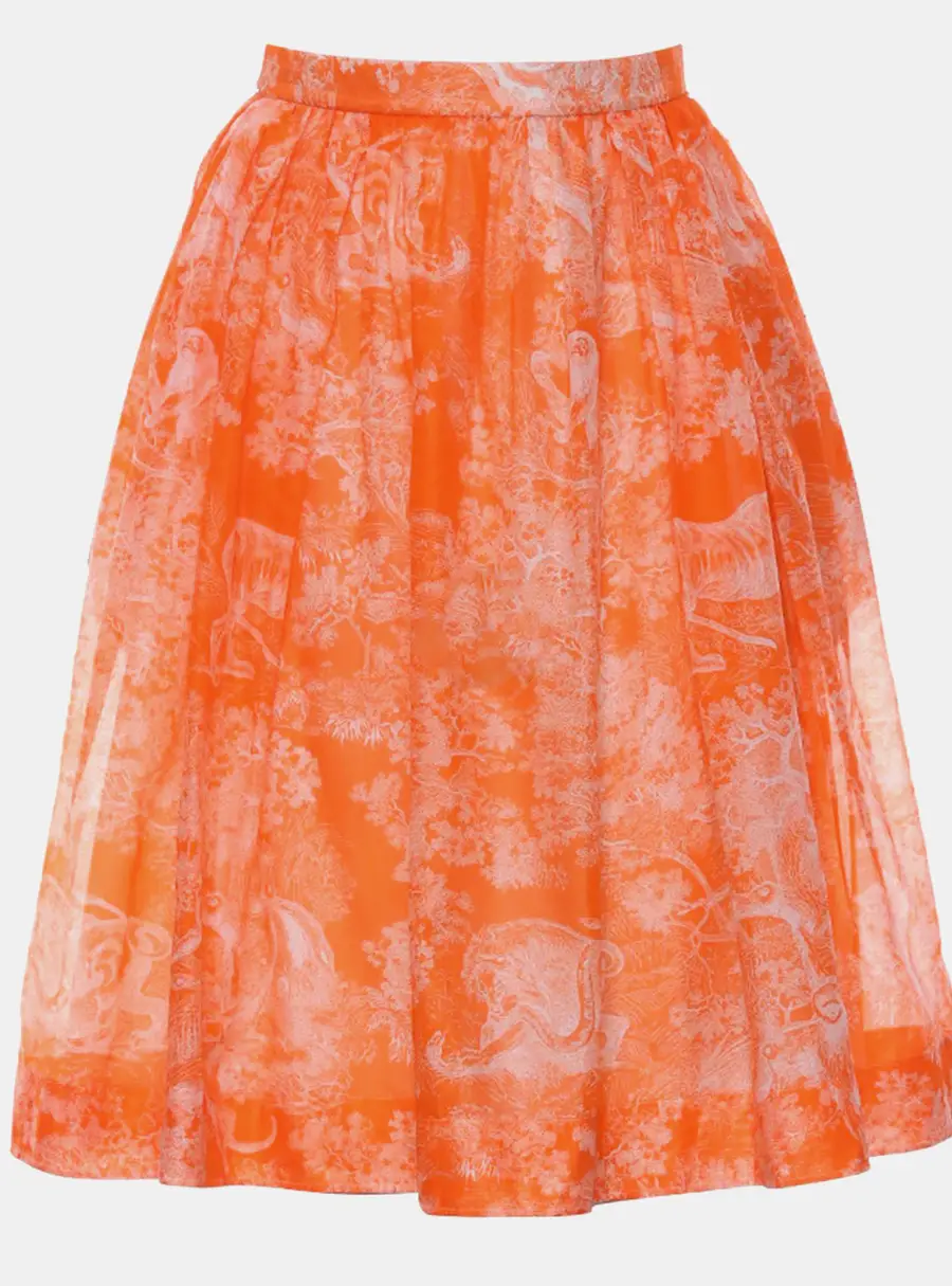 Christian Dior Dioriviera Orange Cotton Voile Toile de Jouy Reverse Flared Midi Skirt XS