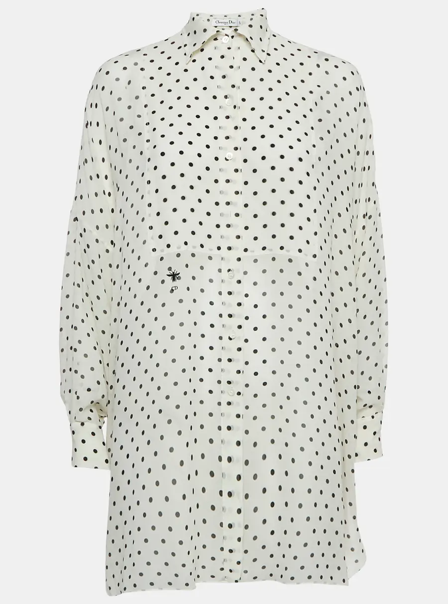 Dior White Polka Dot Print Silk Tunic Top S