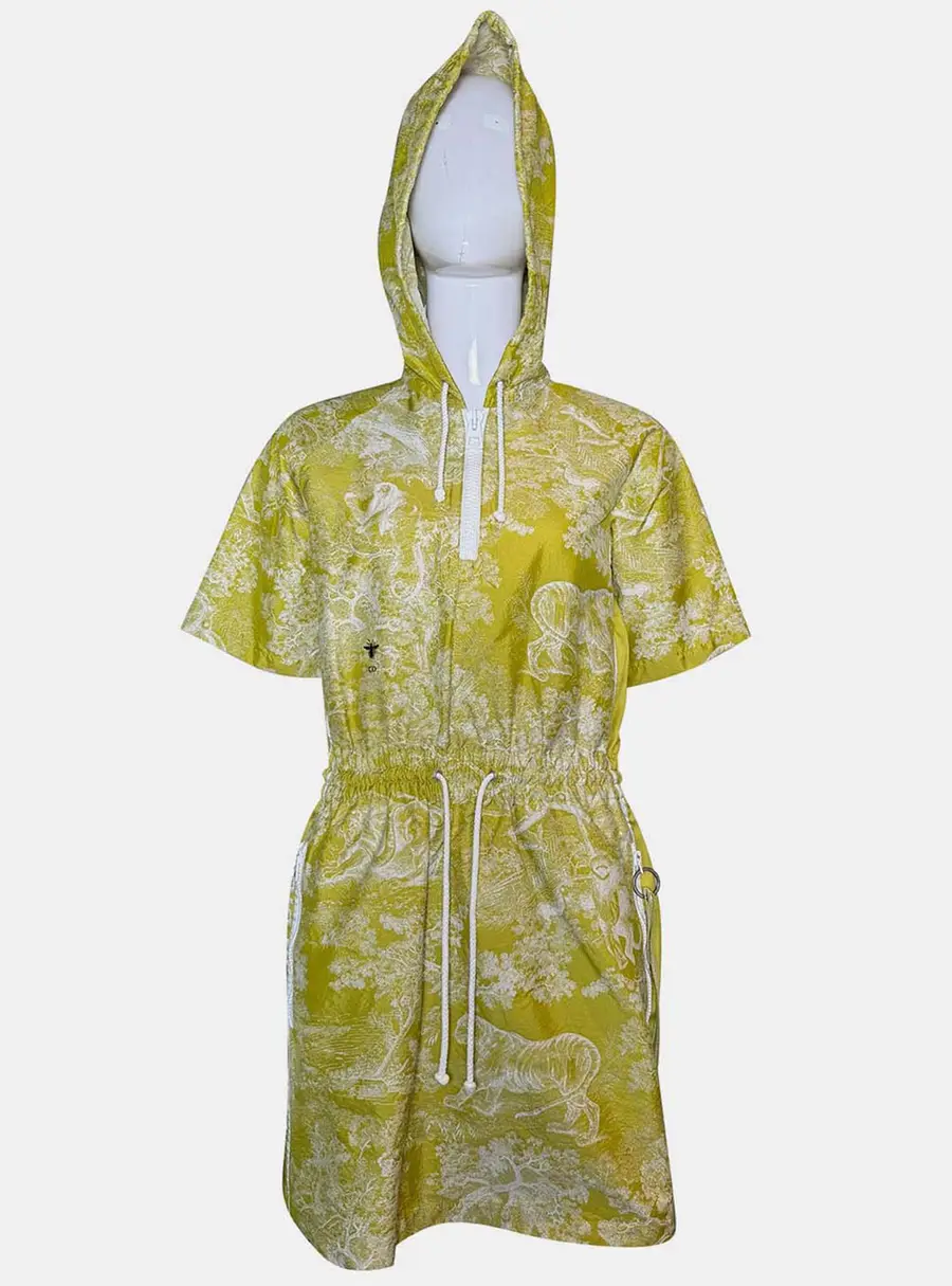 Dior Yellow White Toile de Jouy Sauvage Technical Taffeta Dioriviera Hooded Short Dress