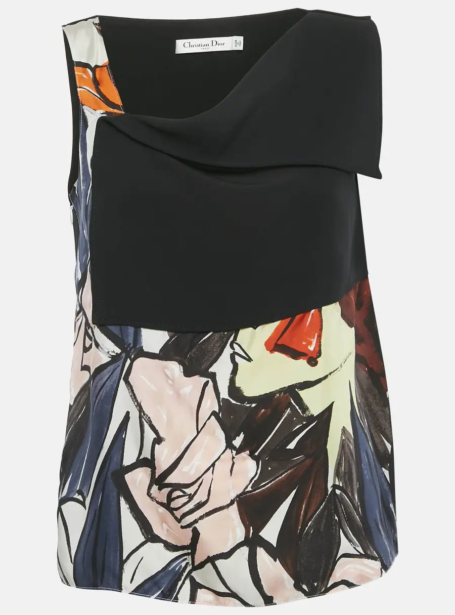 Christian Dior Black Printed Silk Blend Asymmetrical Detail Top M