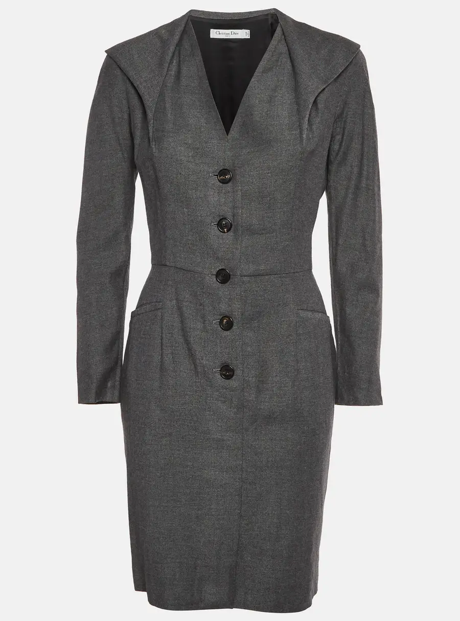 Christian Dior Grey Wool Blend Button Up Mini Dress M