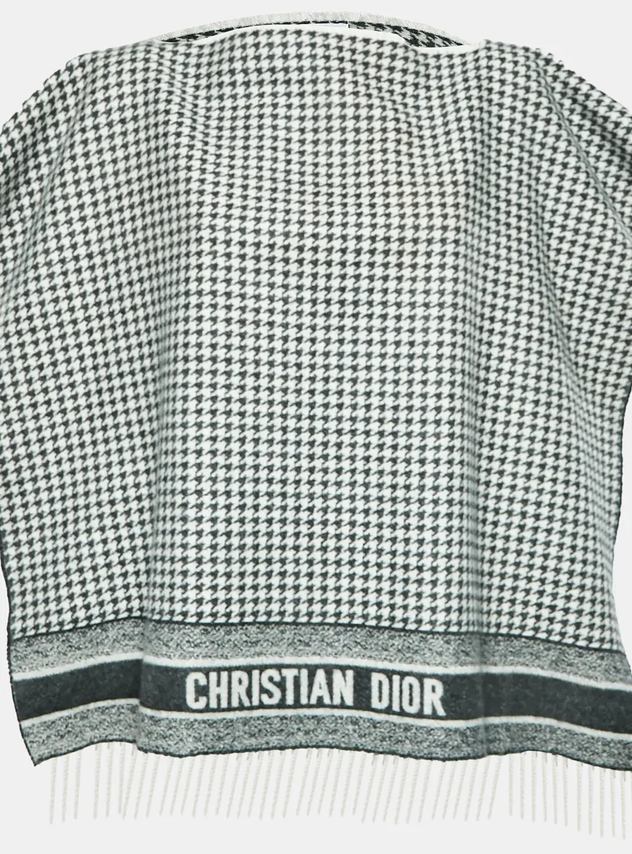 Christian Dior Black/White Houndstooth Wool Fringe Poncho One Size