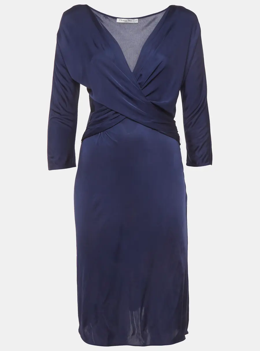 Christian Dior Navy Blue Jersey Draped Knee Length Dress L