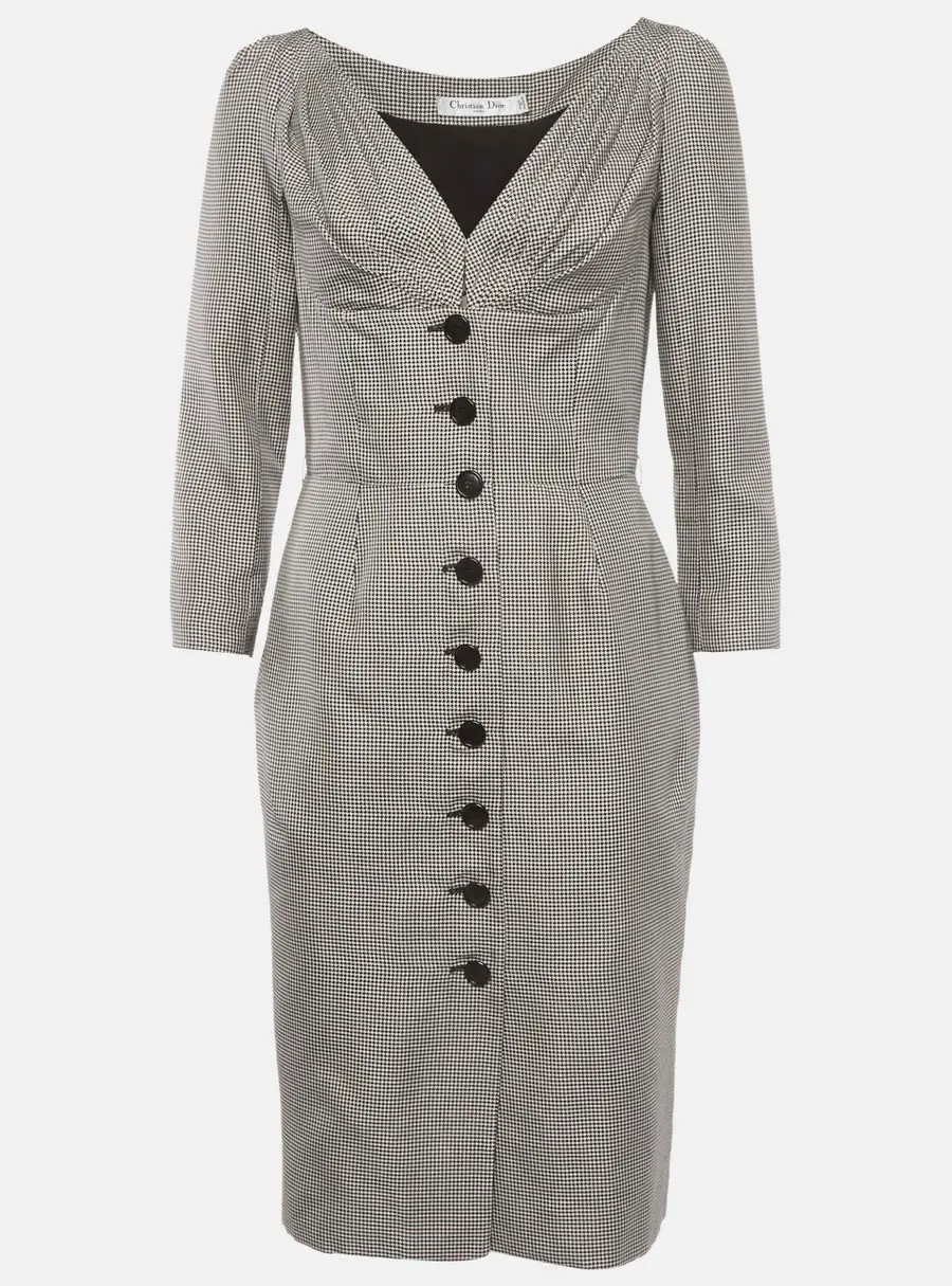 Christian Dior Grey Houndstooth Jacquard Silk Mid Length Dress M