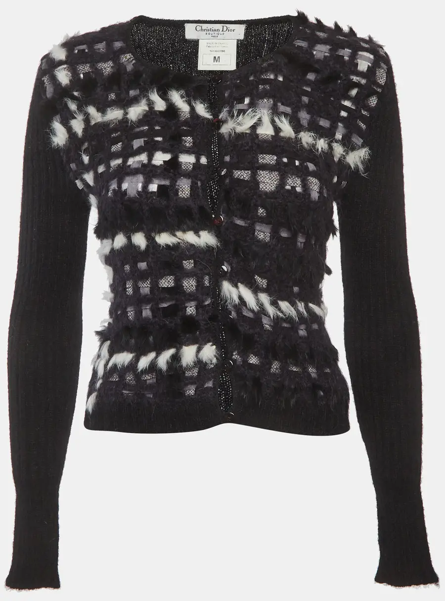 Christian Dior Black Check Wool Knit Fur Button Up Cardigan M