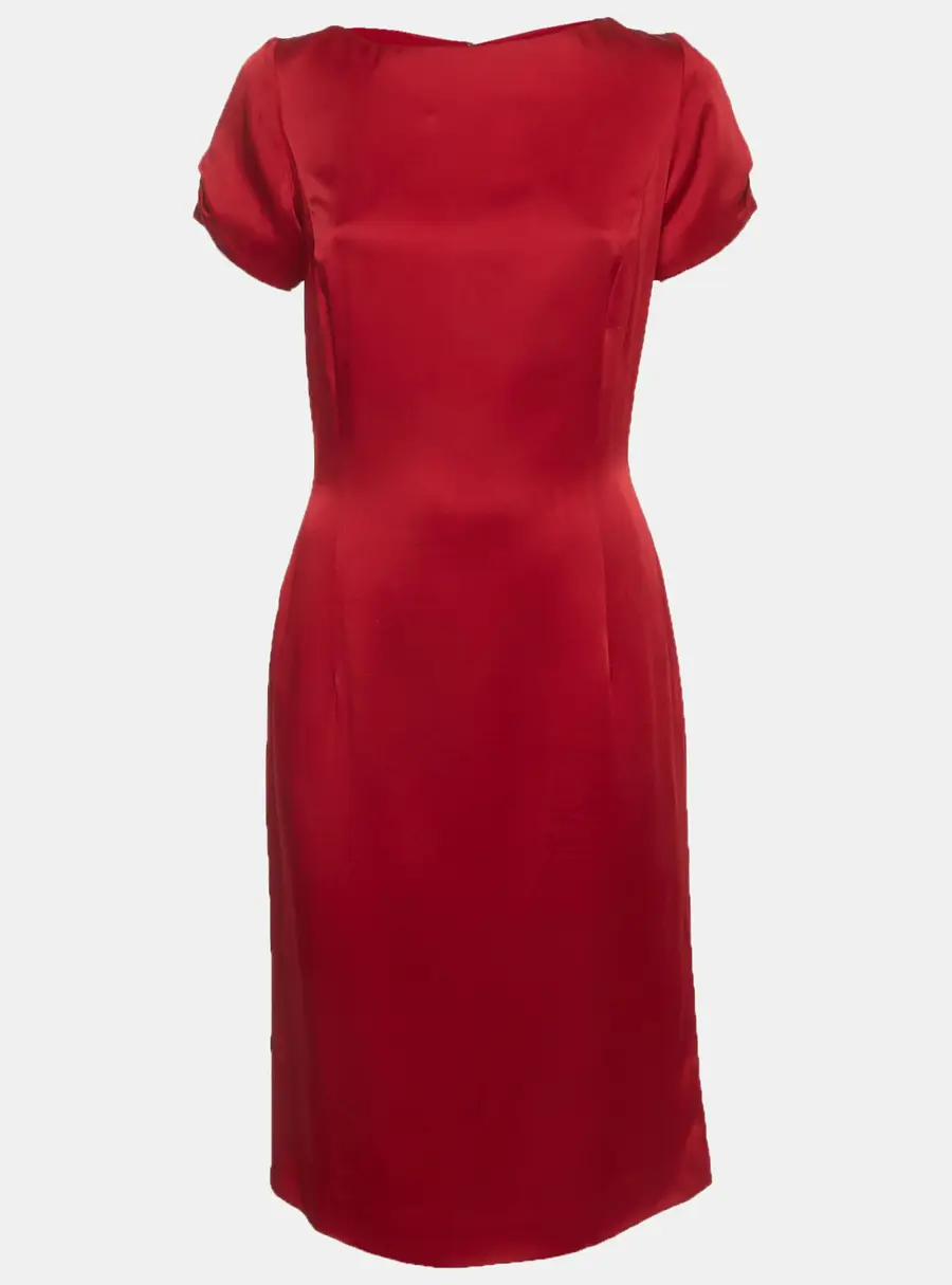 Christian Dior Red Synthetic Satin Short Sleeve Knee Length Dress L
