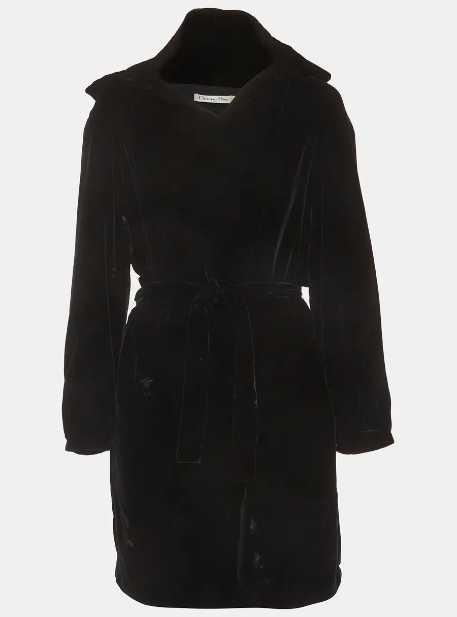 Christian Dior Black Velvet Belted Hoodie Mini Dress M