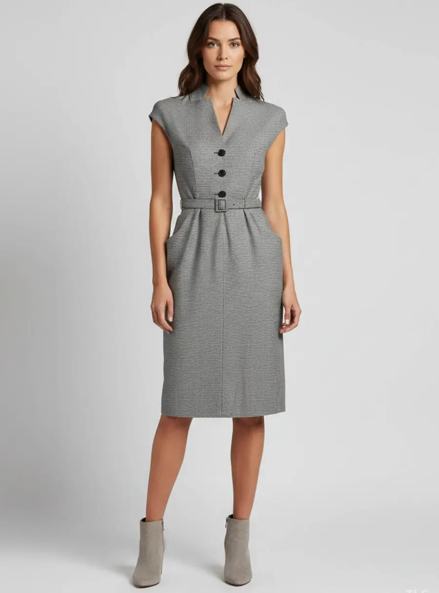 Christian Dior Monochrome Houndstooth Wool Midi Dress S