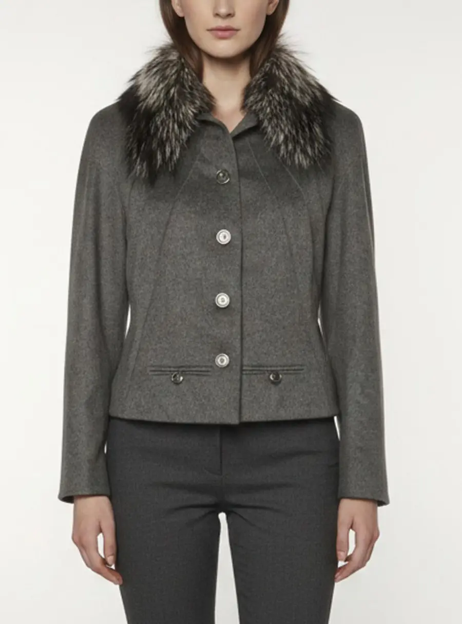 Christian Dior Grey Wool Blend Fur Collar Crop Jacket S