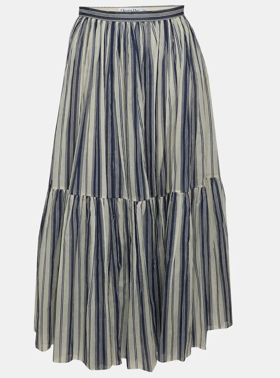Dior White White/Blue Stripe Chiffon Flared Maxi Skirt S