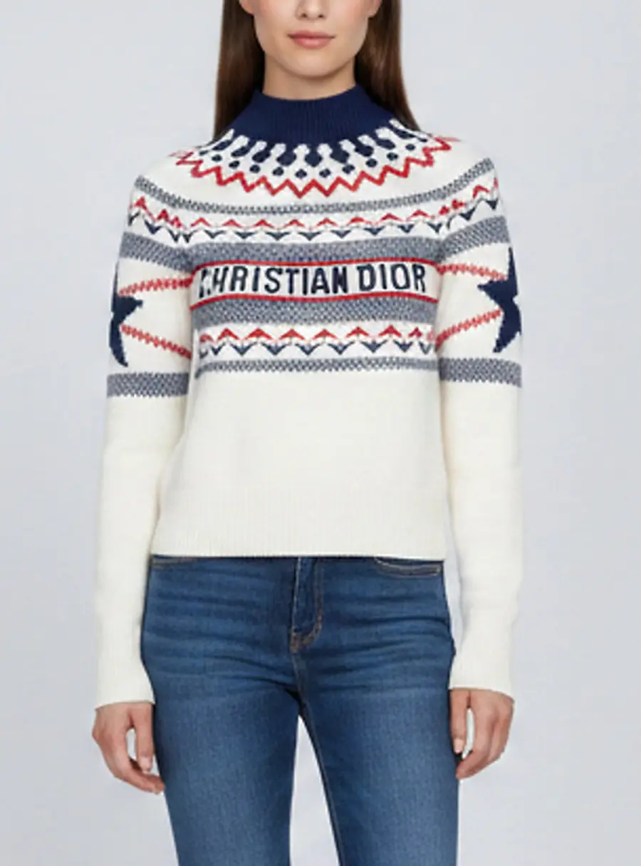 Christian Dior Alps Logo Fair Isle Knit Mock Neck Sweater S