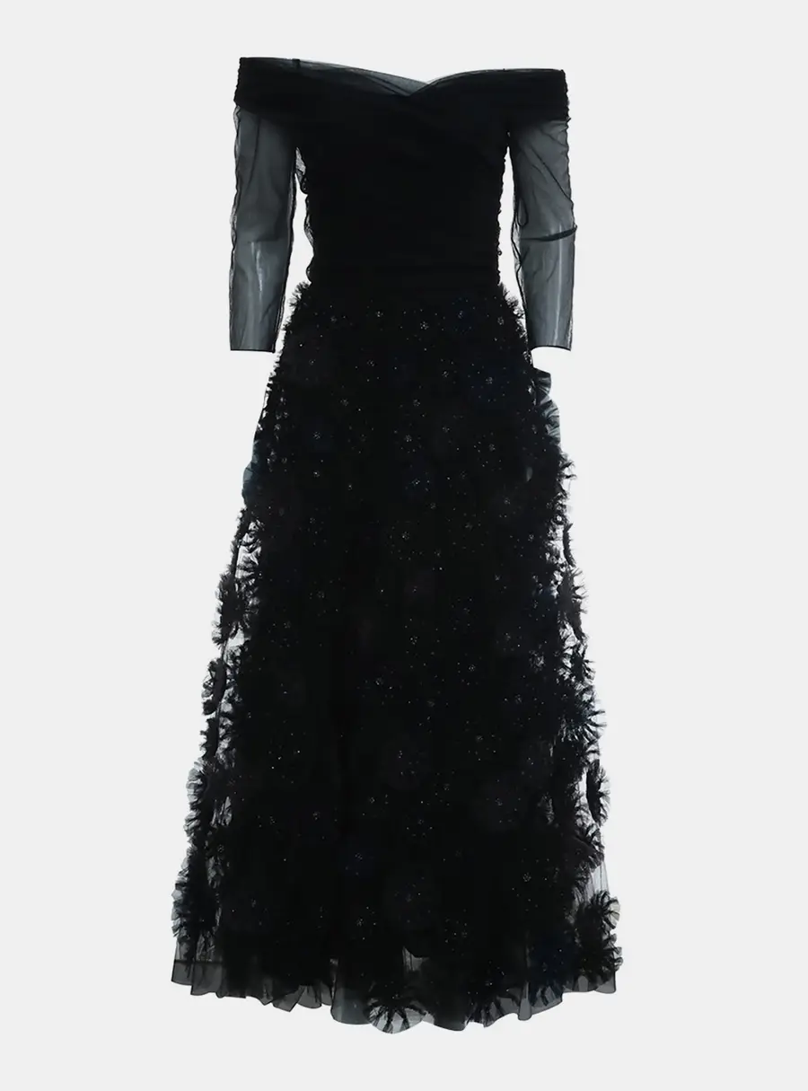 Dior Long Sleeve Sheer Floral-Applique Dress US 6