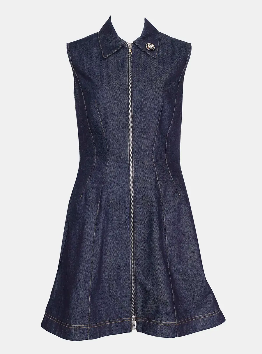 Dior Denim Zip Up Dress with Embroidered Collar FR 38