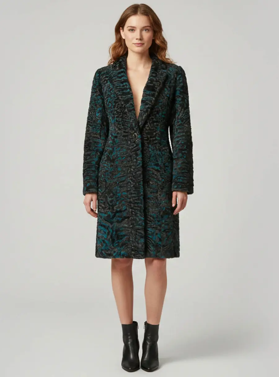 Christian Dior Blue/Black Textured Fur Astrakhan Mid Length Coat M