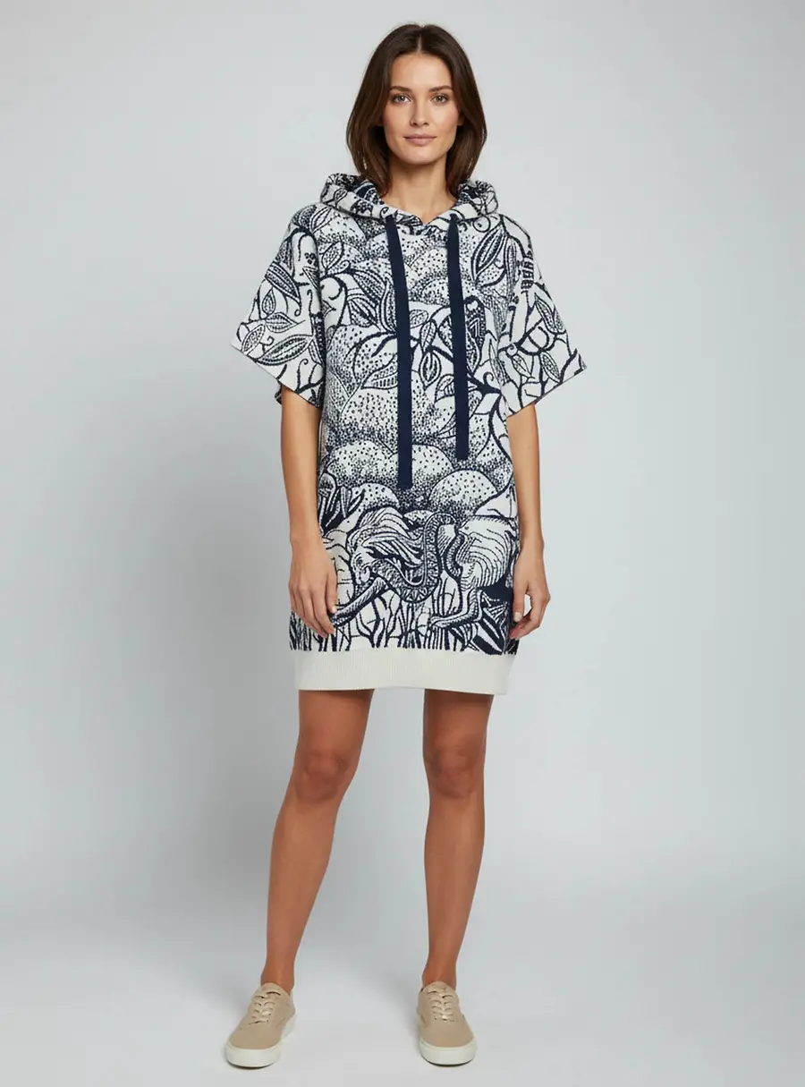 Christian Dior Navy/Off White Toile de Jouy Cashmere Blend Knit Short Sleeve Hoodie M