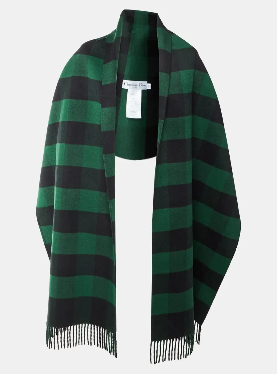 Christian Dior Green/Black Checkered Felt Fringed Poncho S