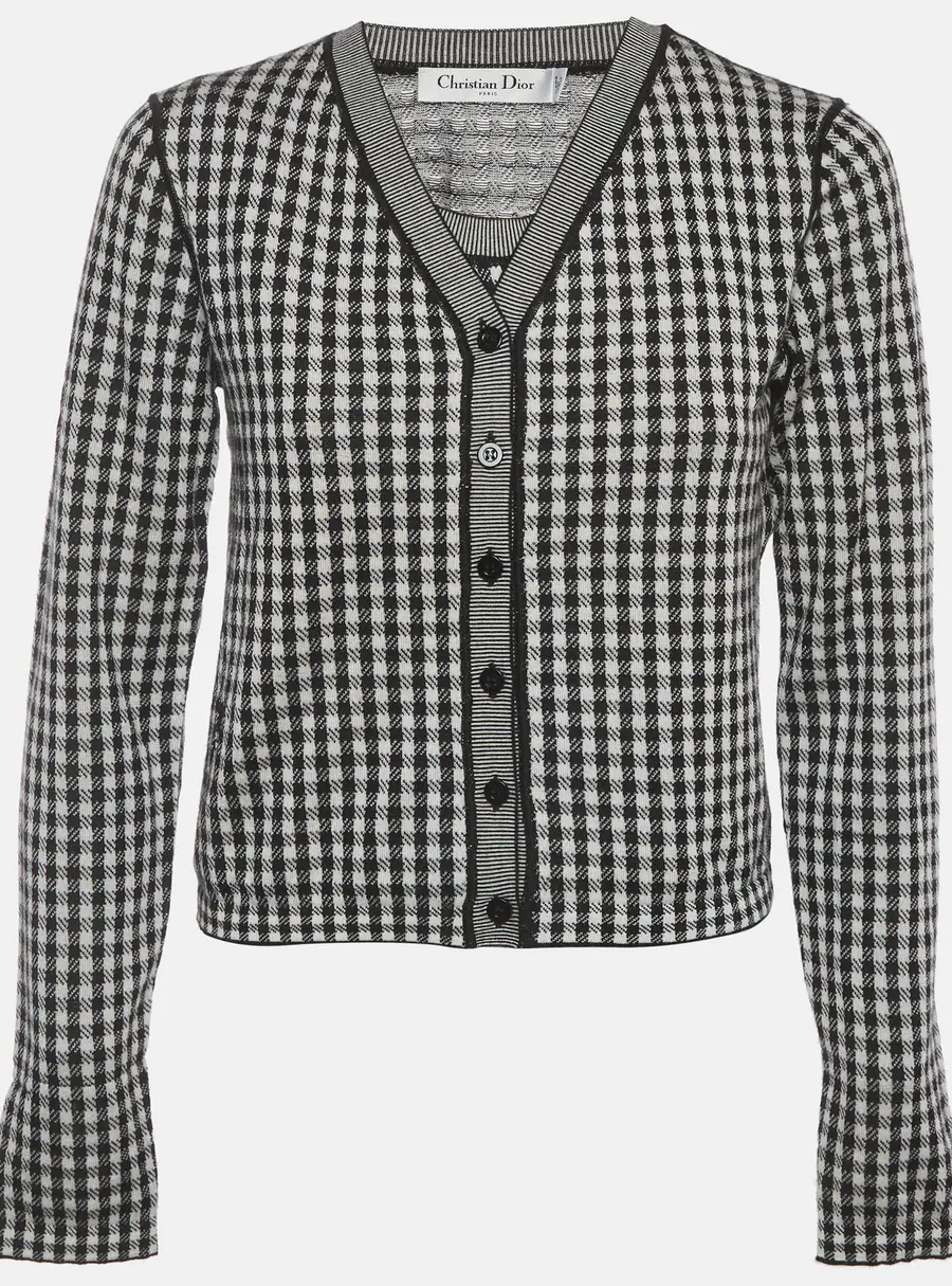 Christian Dior White/Black Gingham Cashmere Knit Top and Cardigan Set M