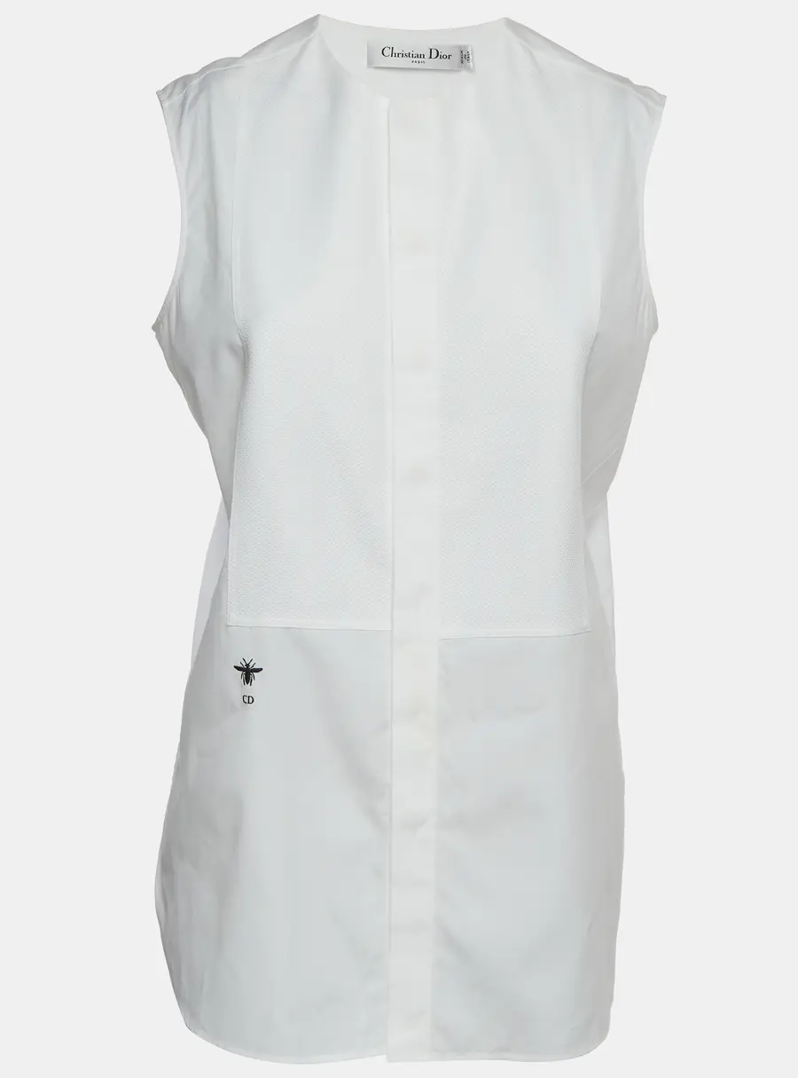 Christian Dior White Embroidered Bee Plastron Poplin Sleeveless Top M