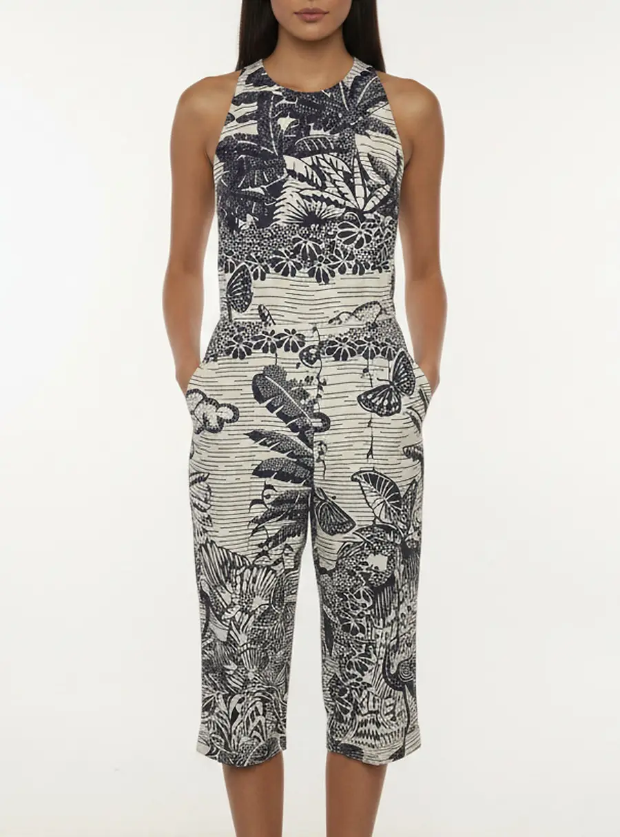 Christian Dior Blue/ White Printed Cotton Sleeveless Jumpsuit S