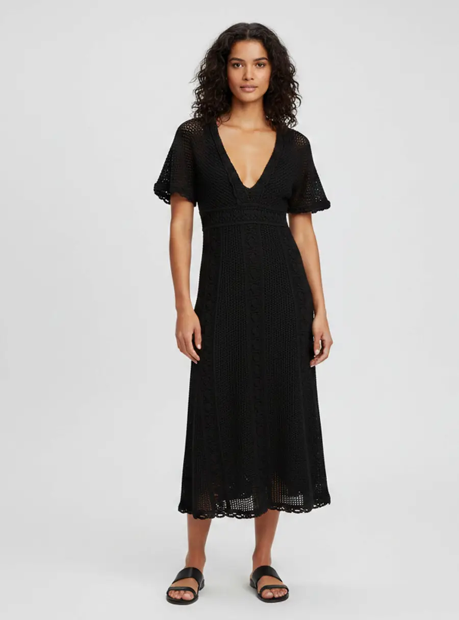 Christian Dior Black Crochet V-Neck Short Sleeve Midi Dress M