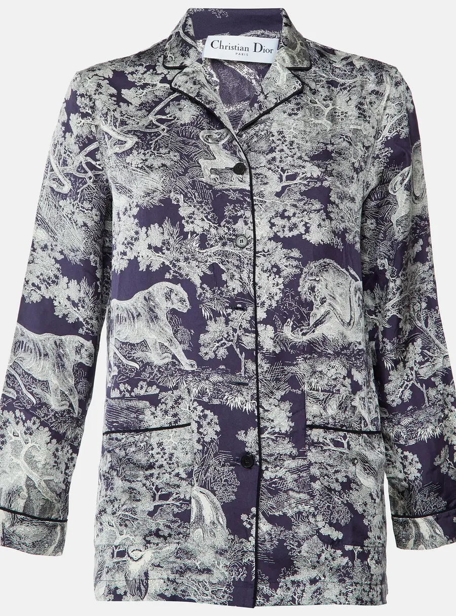 Christian Dior Navy Blue Toile de Jouy Print Silk Chez Moi Pajama Shirt M