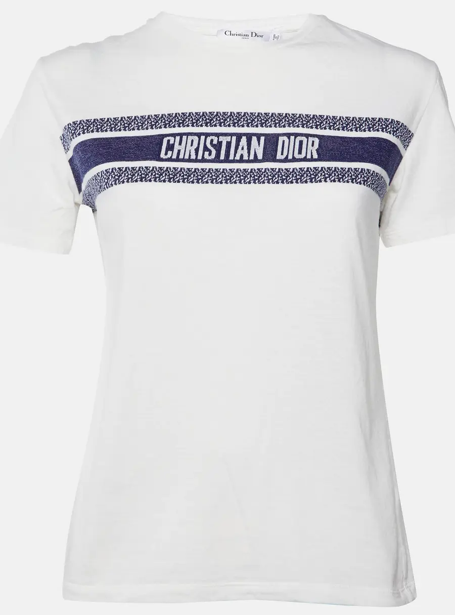 Christian Dior White Logo Striped Band Cotton Crew Neck T-Shirt S